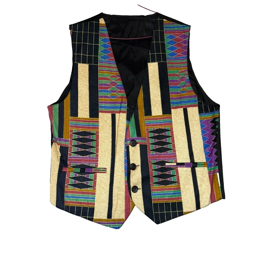 Vintage 90s Retro Brand Multicolor Geometric Tribal Tapestry Vest Mens M USA